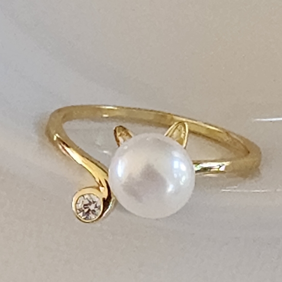 925S Real 8mm Cultured Freshwater Pearl Cat Shape Gold Ring - Adjustable - Picture 10 of 16